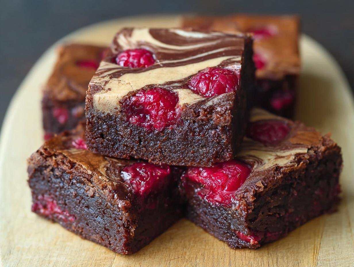 Gros plan sur des brownies framboise marbré avec des framboises et un marbrage au chocolat et à la crème.