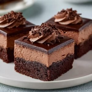 Gros plan sur une part de Brownies Mousse Chocolat Facile, avec une couche de brownie, une mousse au chocolat aérienne et une ganache brillante.