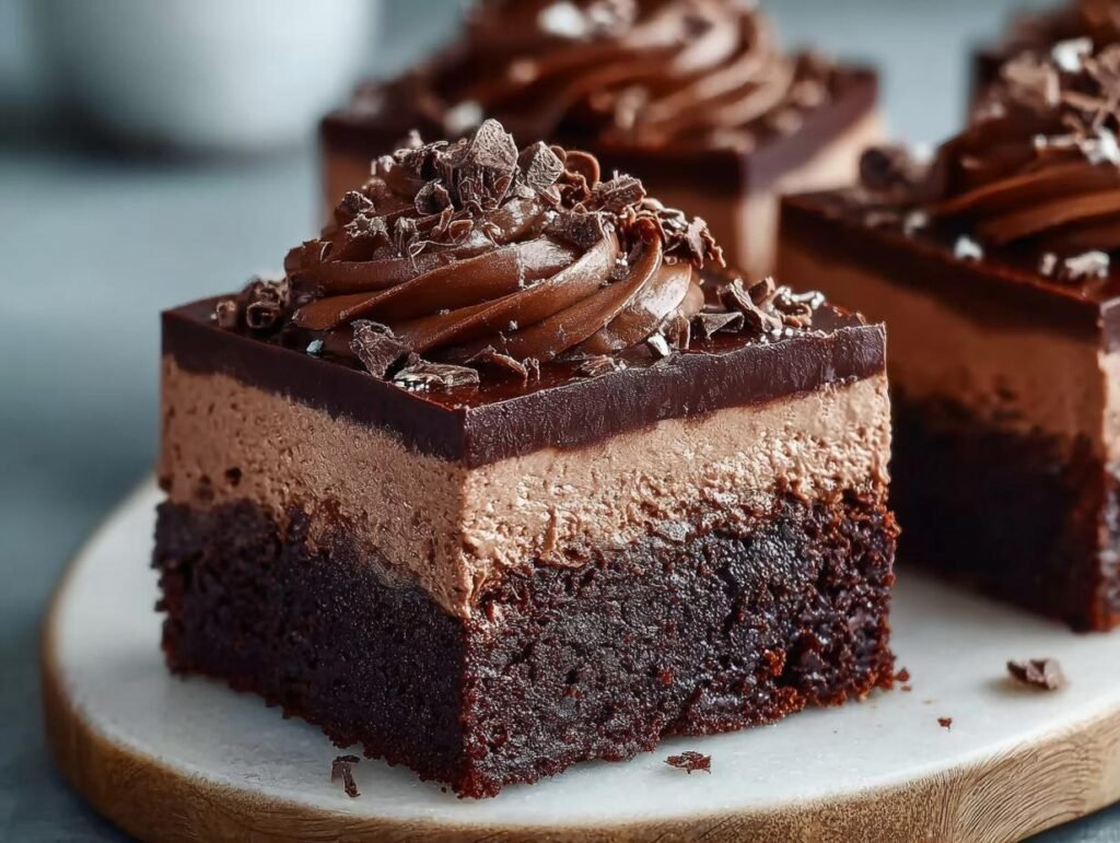 Gros plan d'une tranche de brownies mousse chocolat, avec une base de brownie dense et une garniture crémeuse au chocolat.