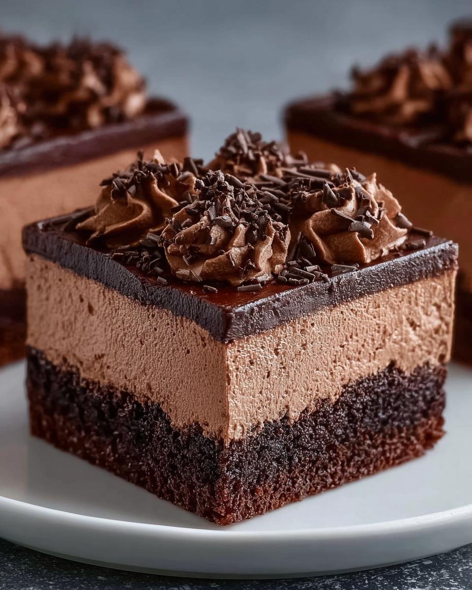 Gros plan d'une part de brownies mousse chocolat, avec une base de brownie, une couche de mousse au chocolat et des copeaux de chocolat.