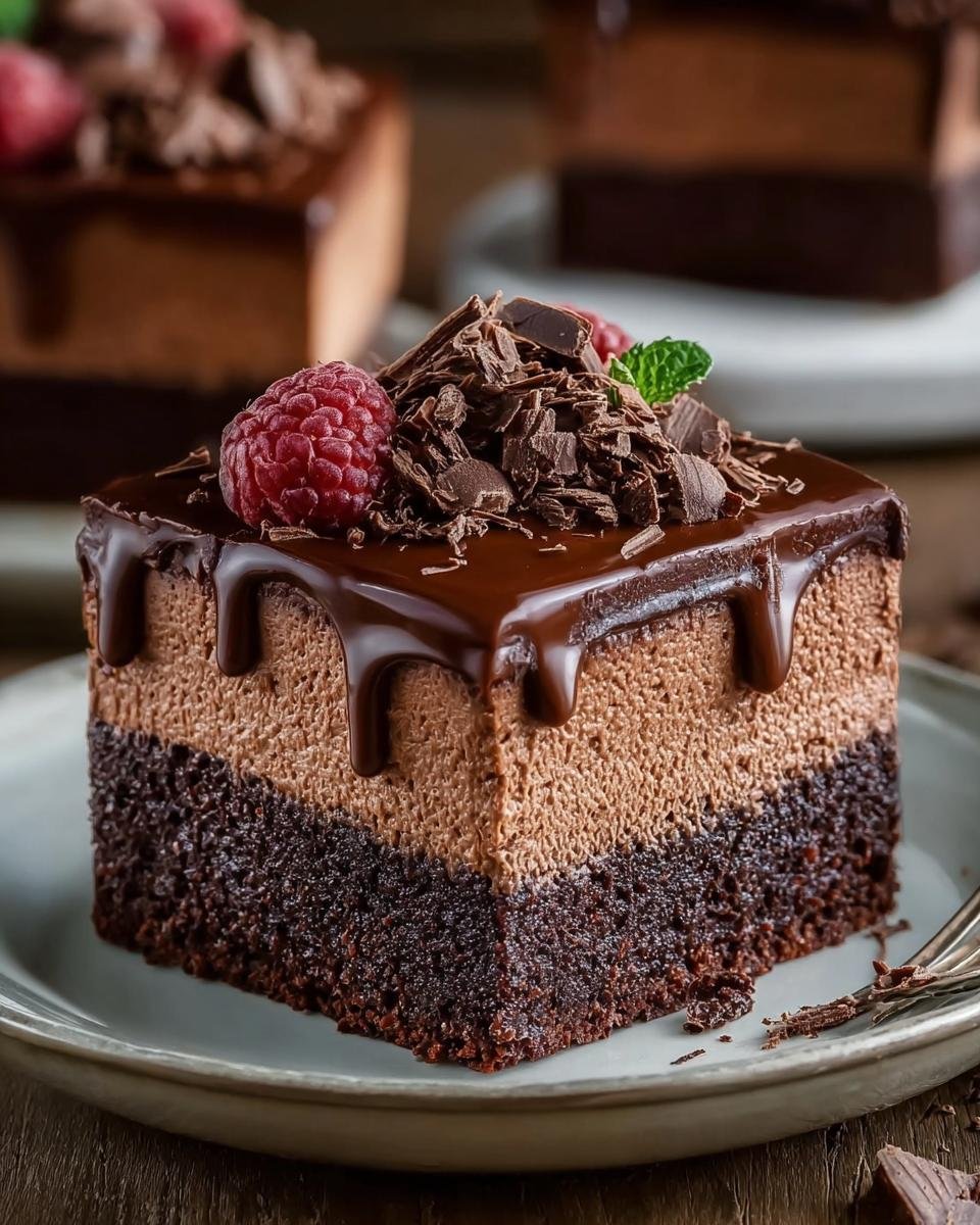 Gros plan d'une tranche de brownies mousse chocolat, garnie de framboise et copeaux de chocolat.