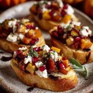 Bruschetta d'Automne garnie de courge rôtie, grenade et fromage frais.