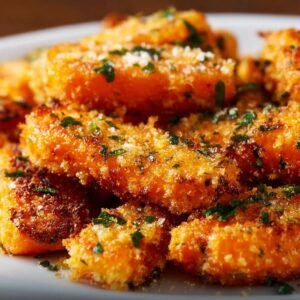 Gros plan sur des carottes écrasées croustillantes, dorées et garnies de persil frais et de parmesan.