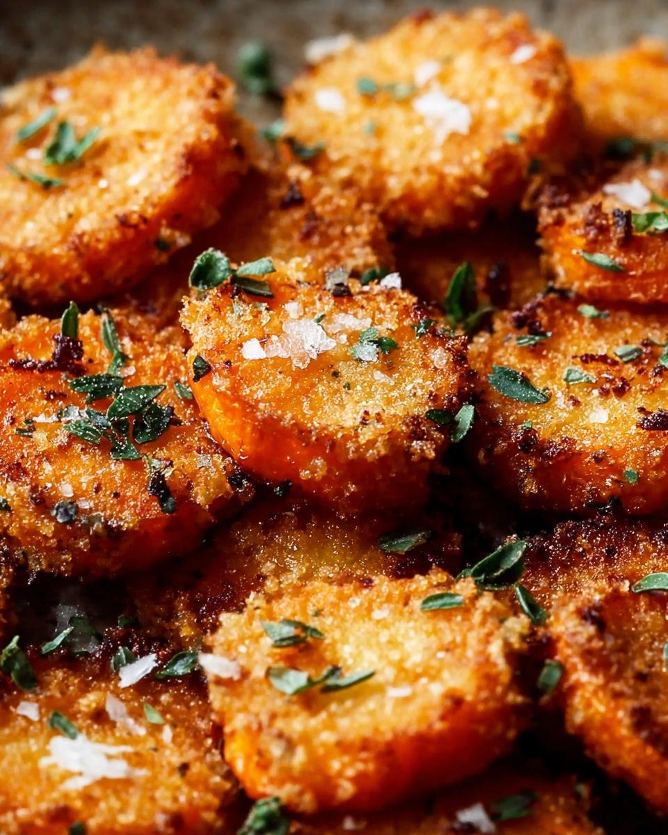 Gros plan sur des carottes écrasées croustillantes, dorées et garnies d'herbes fraîches et de sel.