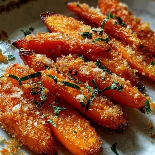 Gros plan de carottes écrasées croustillantes faciles, garnies d'herbes fraîches et de chapelure.