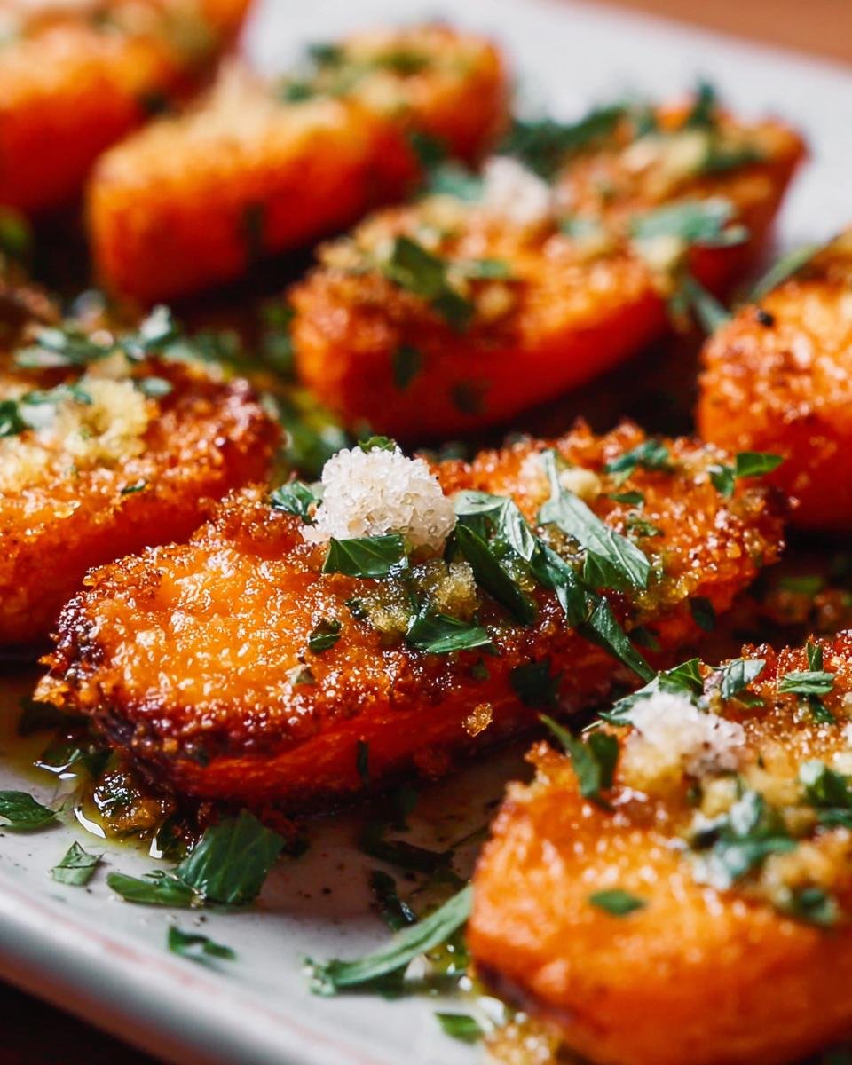 Gros plan de carottes écrasées croustillantes, garnies d'herbes fraîches et d'une touche de sucre.