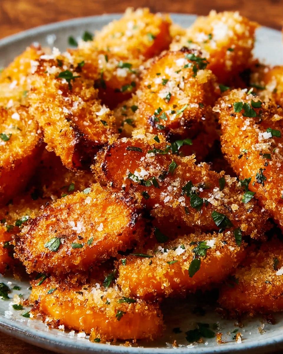 Gros plan sur des carottes écrasées croustillantes, garnies de parmesan et de persil frais.