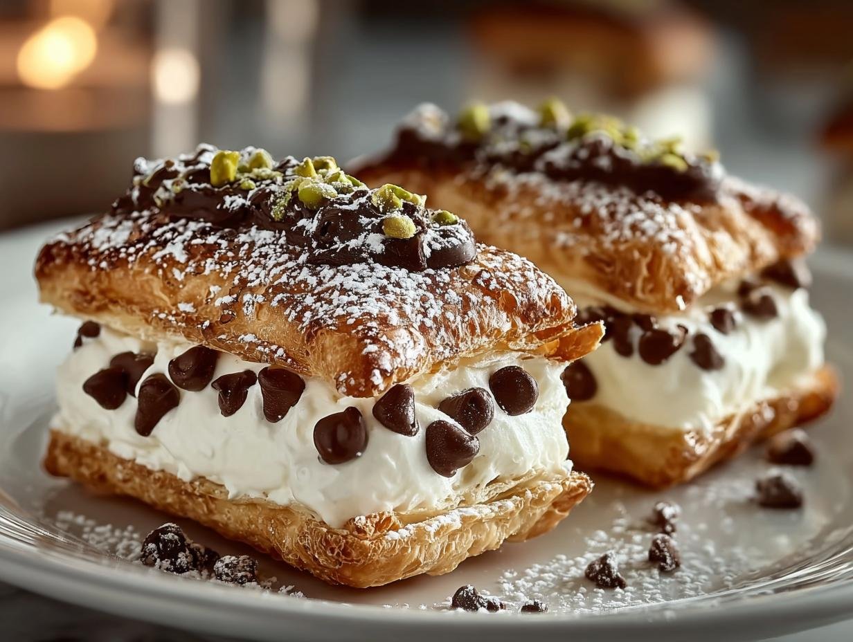 Gros plan sur deux Carrés Cannoli Classiques garnis de crème, pépites de chocolat, et pistaches concassées.