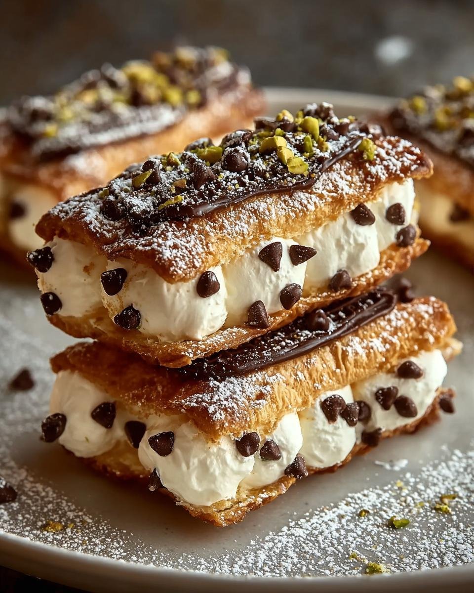 Gros plan sur des Carrés Cannoli Classiques empilés, garnis de crème, pépites de chocolat, pistaches et saupoudrés de sucre glace.