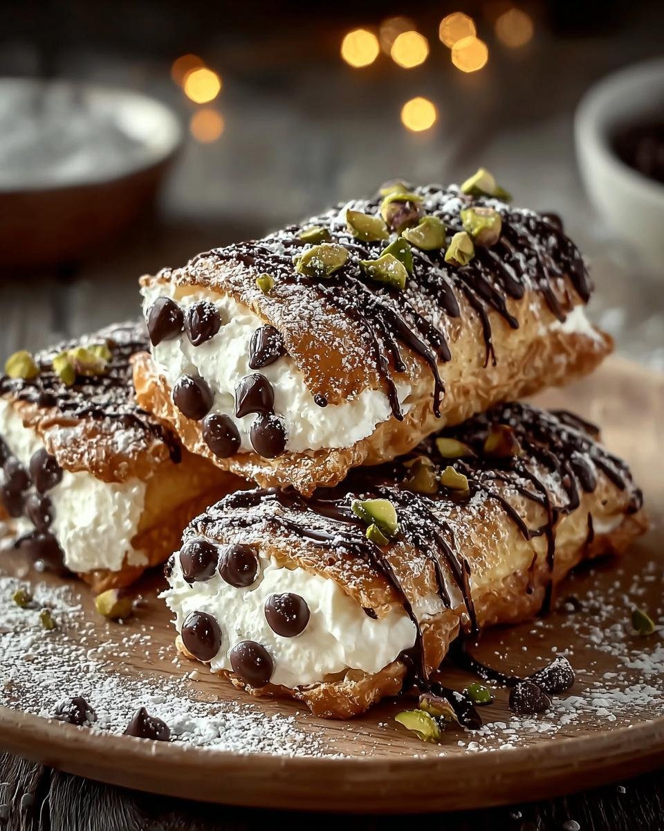 Gros plan sur des Carrés Cannoli Classiques garnis de crème, pépites de chocolat, pistaches et saupoudrés de sucre glace.