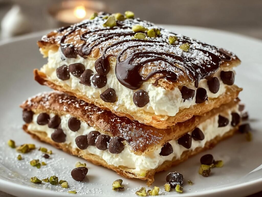 Deux Carrés Cannoli Classiques empilés, garnis de crème, pépites de chocolat, pistaches et sauce chocolat.