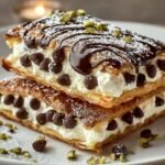 Deux Carrés Cannoli Classiques empilés, garnis de crème, pépites de chocolat, pistaches et sauce chocolat.