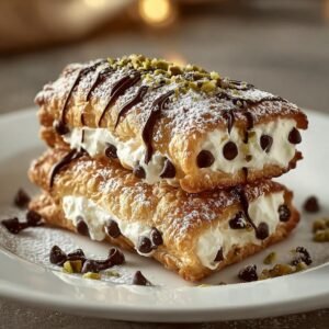 Gros plan sur deux Carrés Cannoli Classiques empilés, garnis de crème, pépites de chocolat et pistaches.