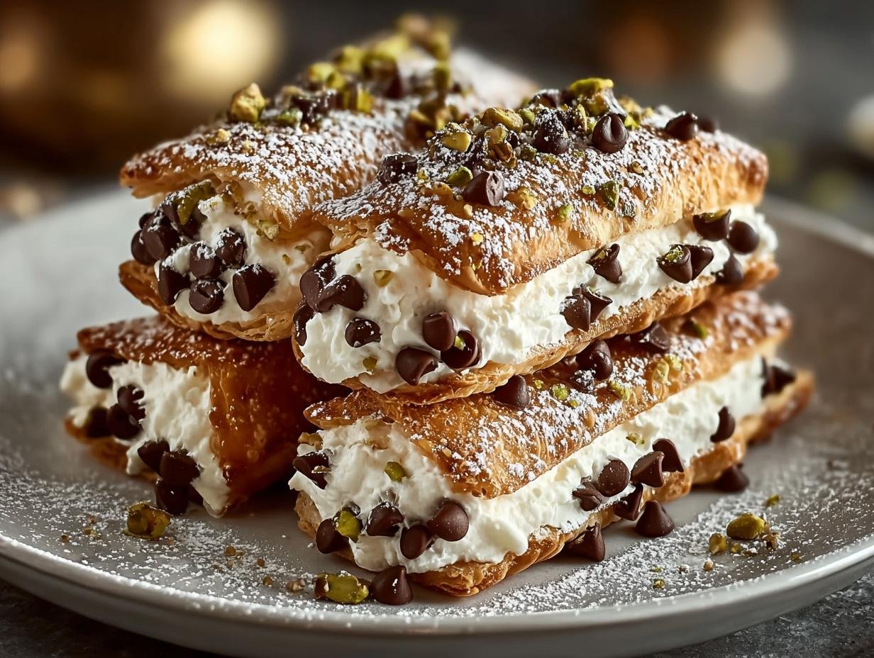 Gros plan de carrés cannoli garnis de crème, pépites de chocolat et pistaches concassées.
