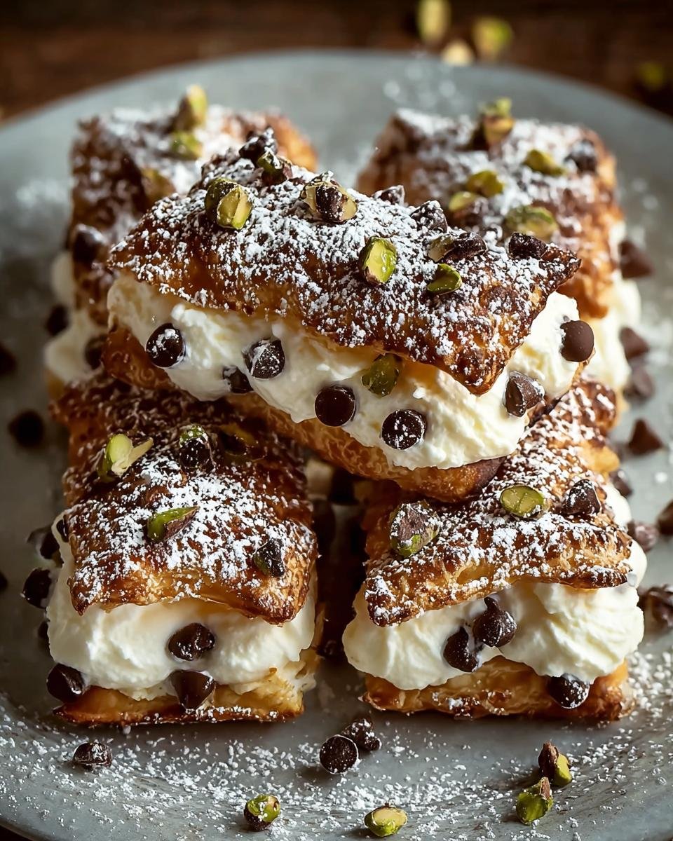 Gros plan sur des carrés cannoli garnis de crème, pépites de chocolat, pistaches et saupoudrés de sucre glace.
