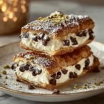 Deux carrés cannoli superposés, garnis de crème onctueuse, pépites de chocolat et pistaches concassées, saupoudrés de sucre glace.