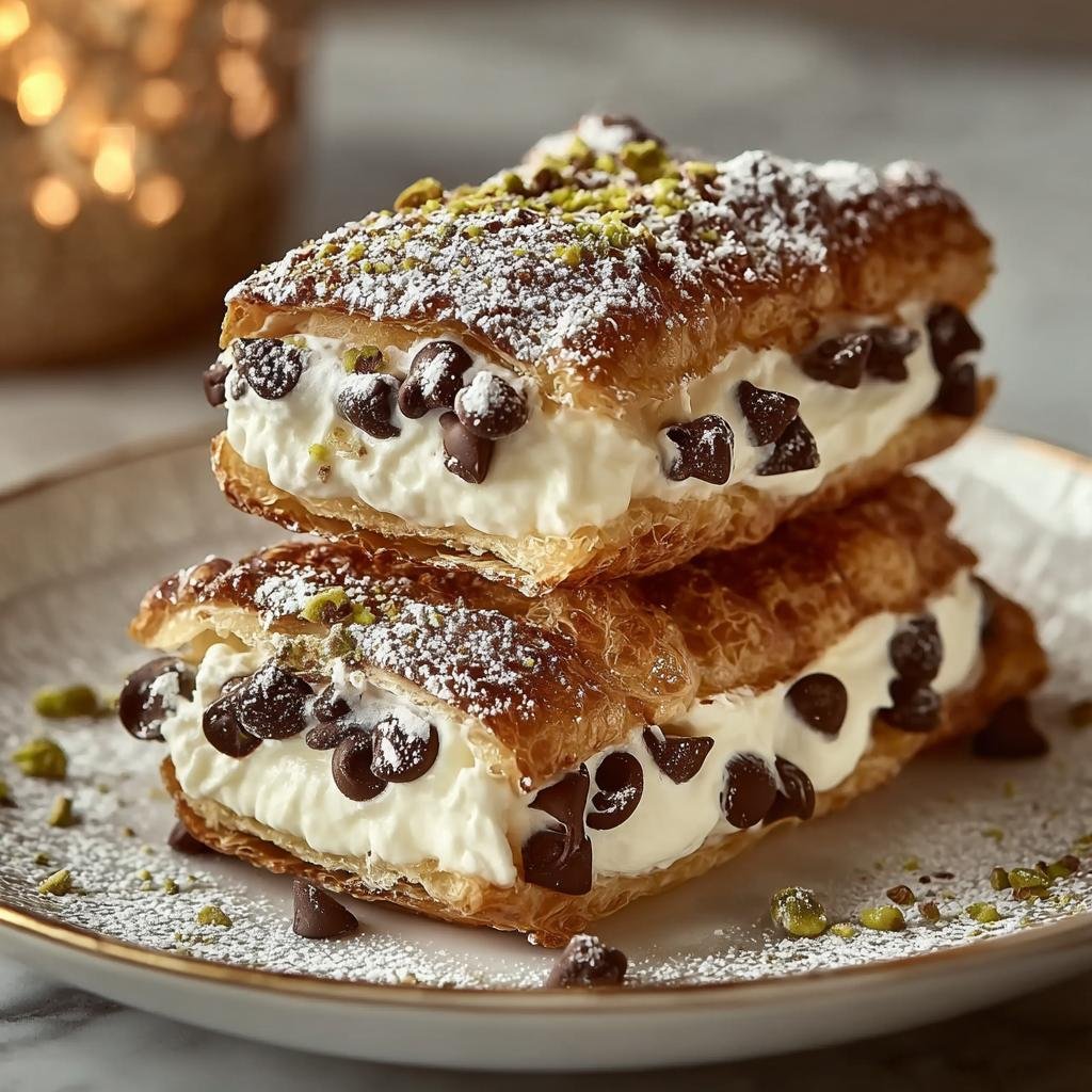 Deux carrés cannoli superposés, garnis de crème onctueuse, pépites de chocolat et pistaches concassées, saupoudrés de sucre glace.