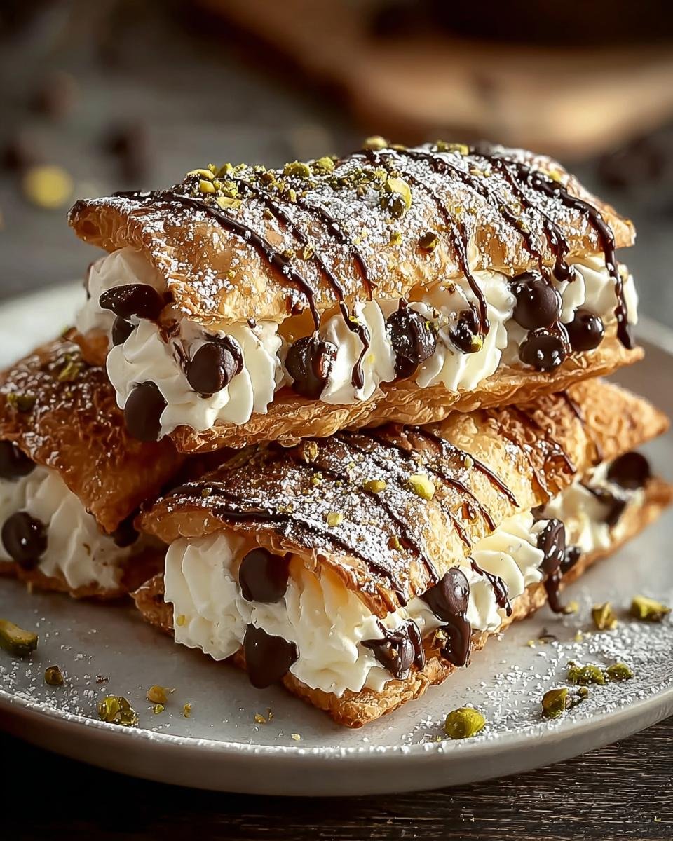 Gros plan sur des carrés cannoli empilés, garnis de crème fouettée, pépites de chocolat et pistaches.