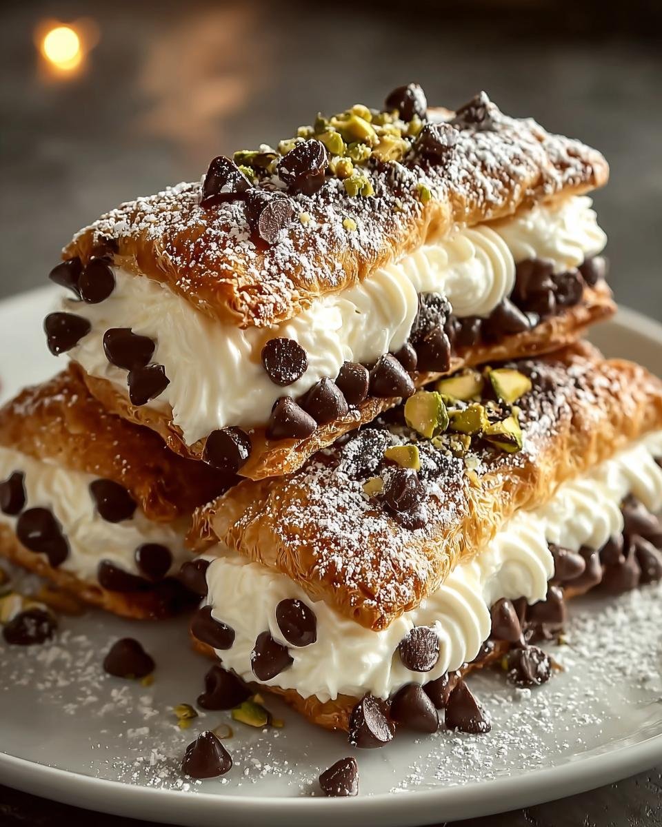 Gros plan de Carrés Cannoli empilés, garnis de crème, pépites de chocolat et pistaches, saupoudrés de sucre glace.