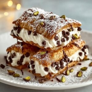 Gros plan de trois carrés cannoli empilés, garnis de crème, pépites de chocolat et pistaches concassées.
