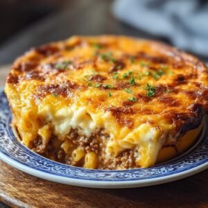 Gros plan d'une casserole au bœuf haché et fromage, avec des pâtes et une croûte dorée.