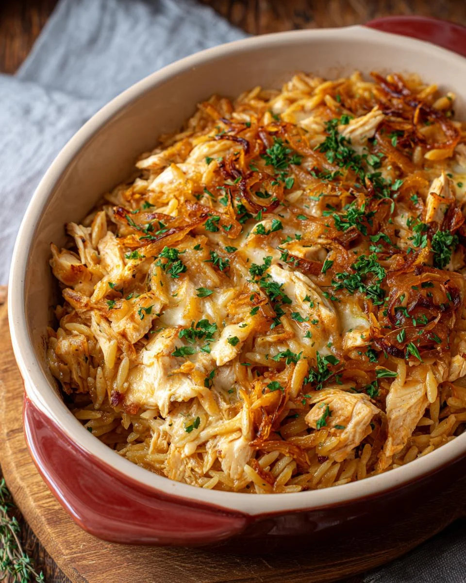 Gros plan d'une casserole d'orzo au poulet gratinée, garnie d'oignons frits et de persil frais.