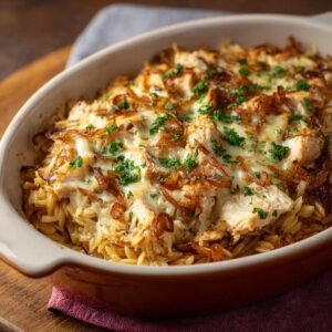 Gros plan d'une casserole d'orzo au poulet gratinée avec des oignons caramélisés et du persil frais.