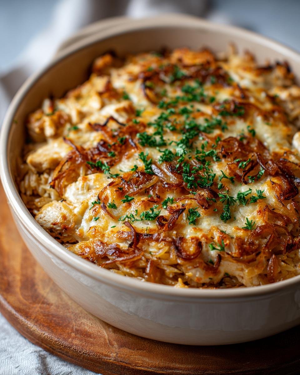 Gros plan d'une casserole d'orzo au poulet gratinée avec des oignons caramélisés et du persil frais.