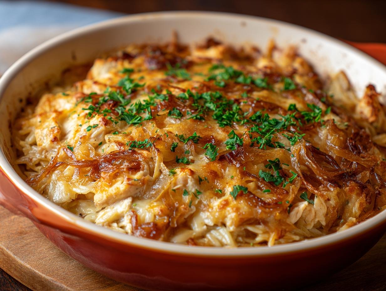 Gros plan d'une casserole d'orzo au poulet dorée et gratinée, garnie de persil frais.