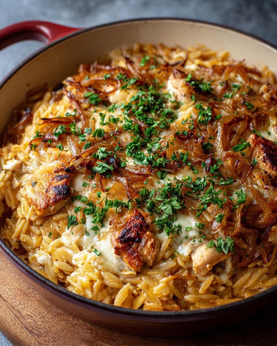 Gros plan d'une casserole d'orzo au poulet gratinée, garnie d'oignons caramélisés et de persil frais.