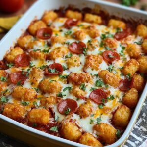 Gros plan d'une Casserole Pizza Tater Tots dorée et gratinée, garnie de pepperoni et de persil frais.