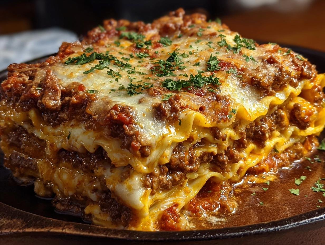 Gros plan d'une part de Cheeseburger Lasagne dégoulinante de fromage fondu et garnie de persil.
