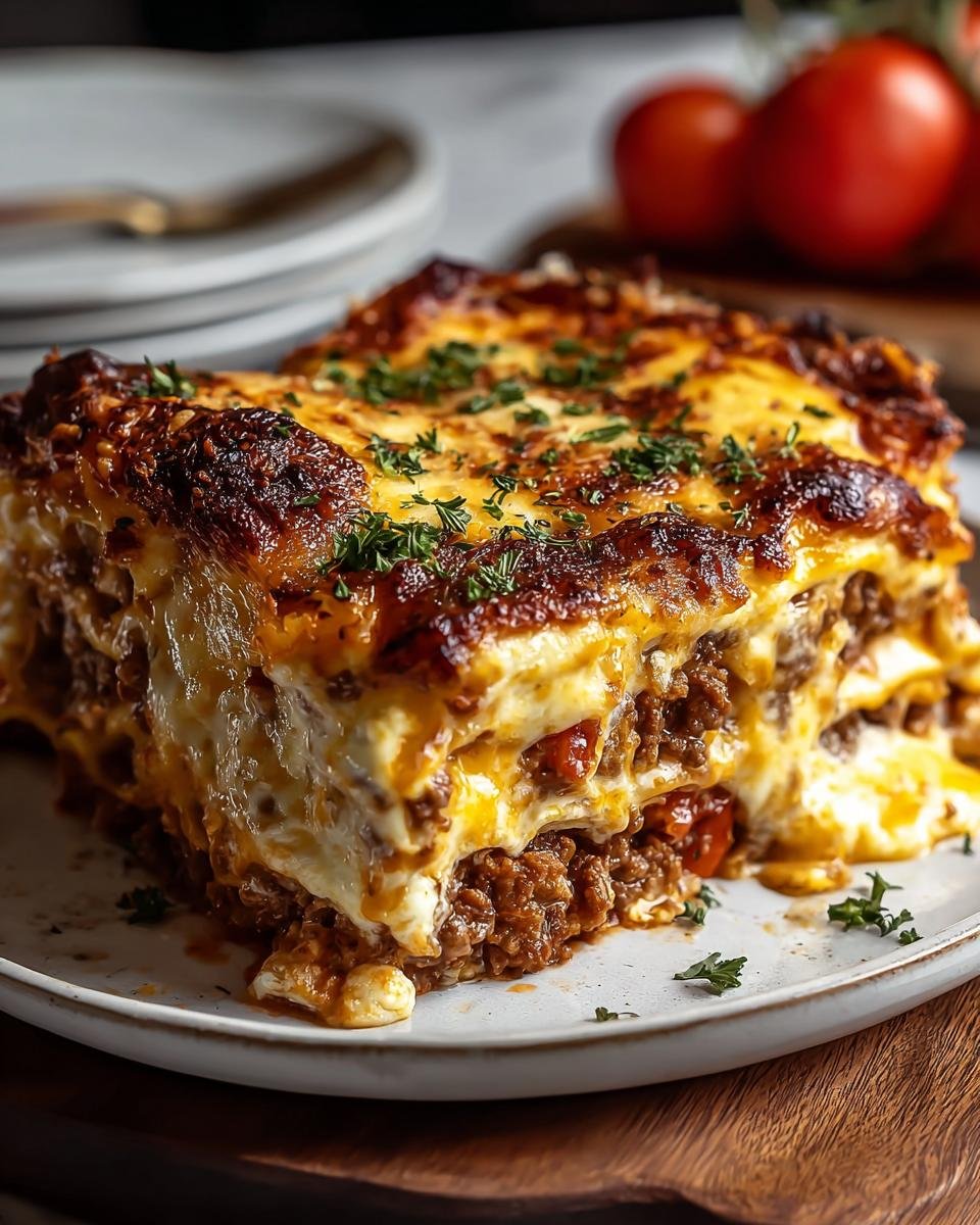 Gros plan d'une portion de Cheeseburger Lasagne, avec couches de viande hachée, fromage fondant et pâtes.