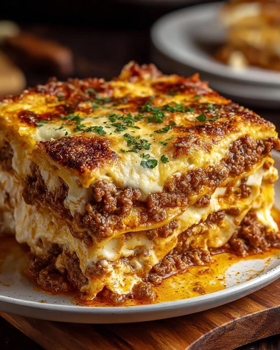 Gros plan sur une portion de Cheeseburger Lasagne, avec des couches de viande hachée, de fromage fondant et de pâtes, garnie de persil.