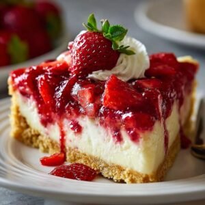 Gros plan d'une tranche de cheesecake aux fraises crémeux, garnie de fraises fraîches et de chantilly.