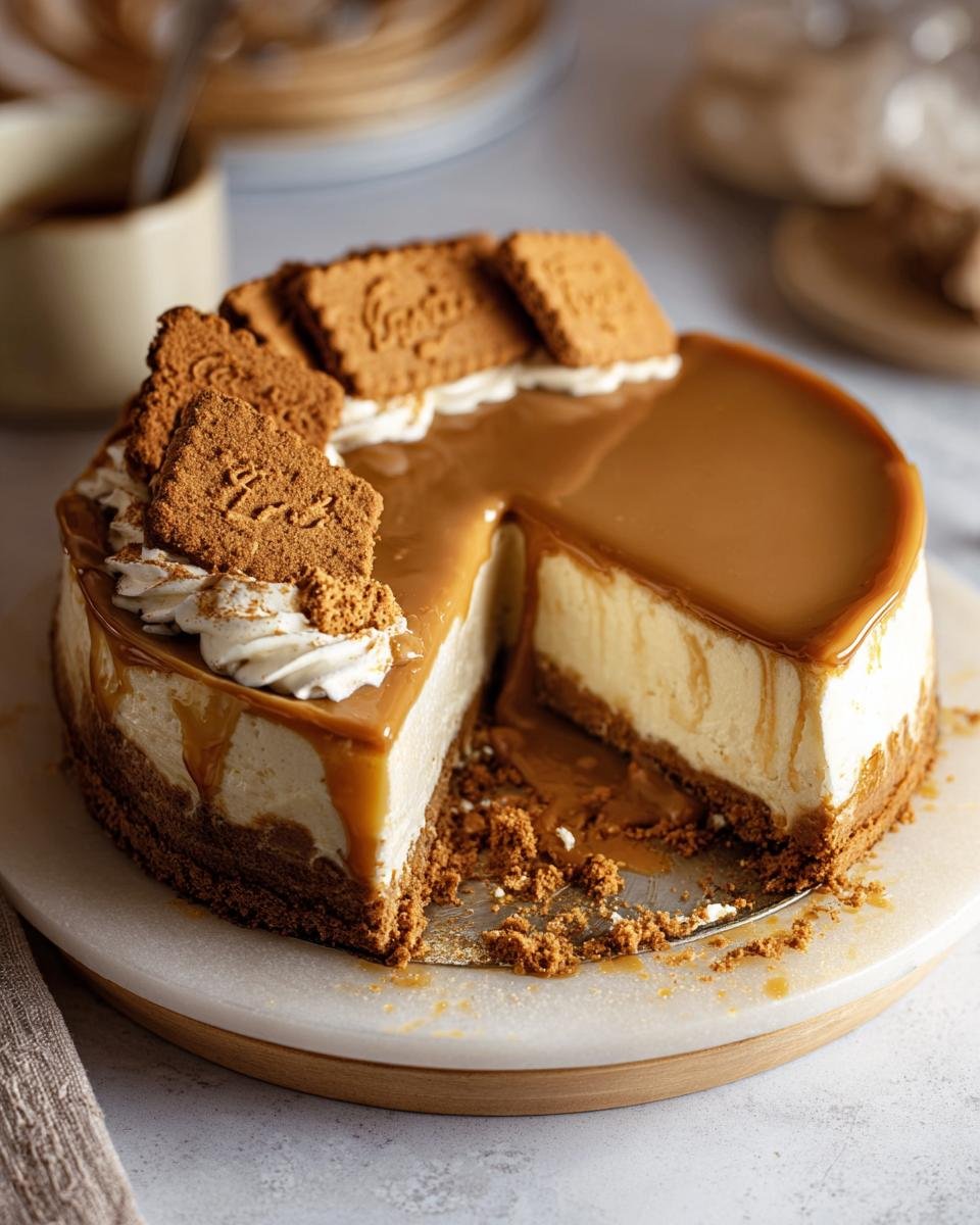 Gros plan d'un Cheesecake Biscoff coupé, garni de biscuits, de crème et de glaçage caramel dégoulinant.