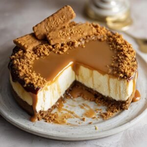 Gros plan d'un Cheesecake Biscoff avec une part coupée, garni de sauce caramel et de biscuits.