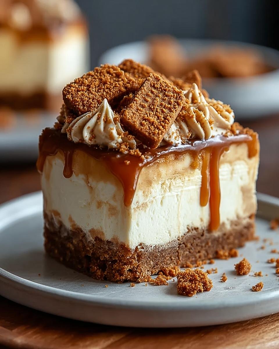 Gros plan d'une part de cheesecake Biscoff crémeux avec coulis de caramel et biscuits émiettés.