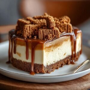 Gros plan d'une tranche de cheesecake Biscoff avec coulis de caramel et biscuits émiettés.