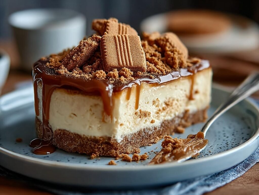 Gros plan d'une tranche de Cheesecake Biscoff recette, garnie de biscuits et de sauce caramel dégoulinante.