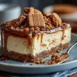 Gros plan d'une tranche de Cheesecake Biscoff recette, garnie de biscuits et de sauce caramel dégoulinante.