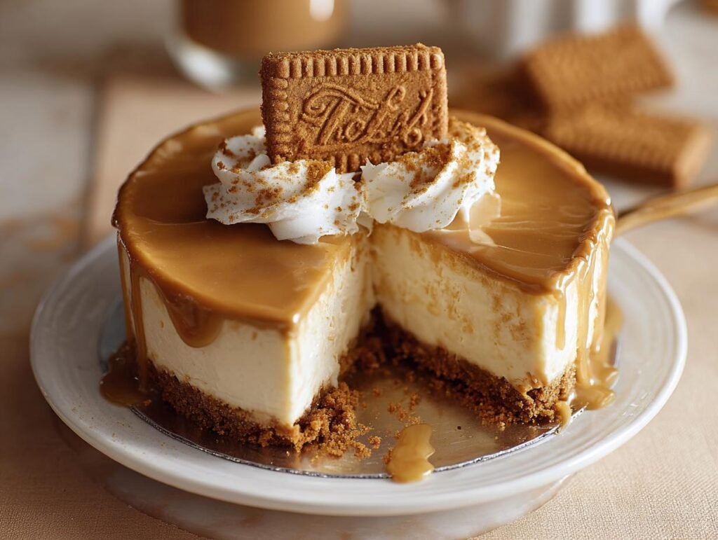 Gros plan sur une tranche de Cheesecake Biscoff crémeux, nappé de caramel et décoré d'une chantilly et d'un biscuit.