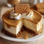 Gros plan sur une tranche de Cheesecake Biscoff crémeux, nappé de caramel et décoré d'une chantilly et d'un biscuit.