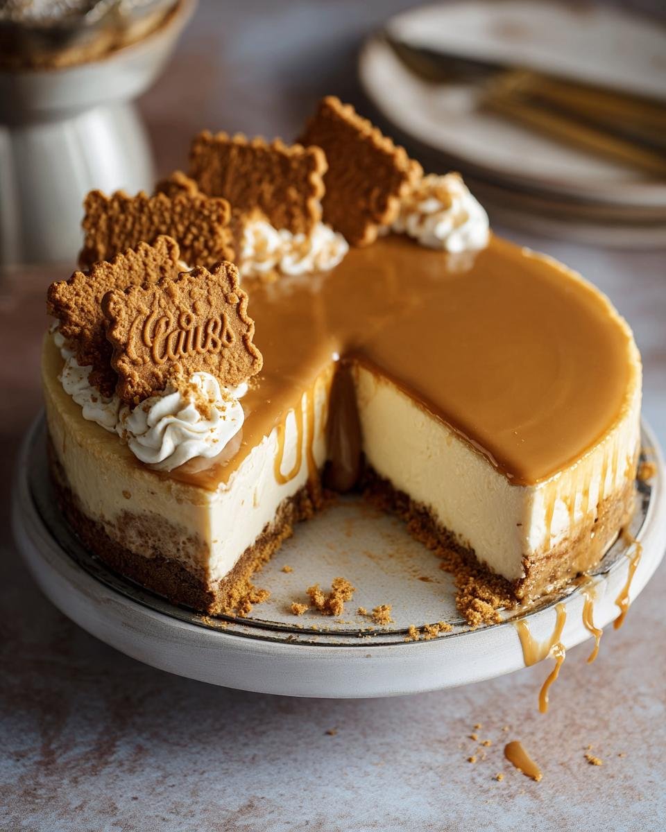 Gros plan d'une tranche de Cheesecake Biscoff avec coulis caramel et biscuits.