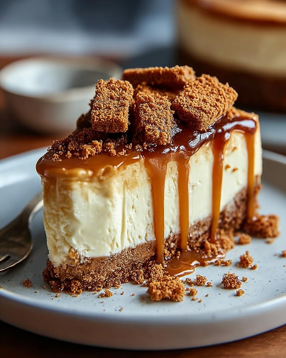 Gros plan d'une tranche de cheesecake Biscoff, nappée de caramel et garnie de biscuits émiettés.