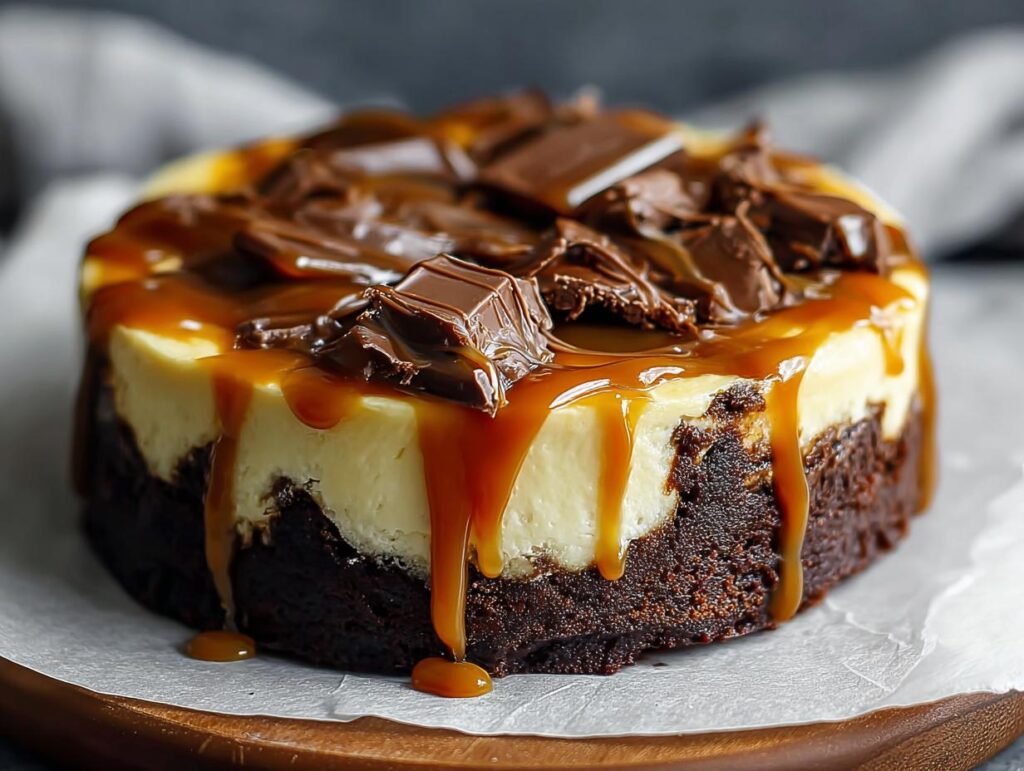 Cheesecake Brownie au Caramel Facile, nappé de caramel coulant et garni de morceaux de chocolat.