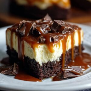 Gros plan d'une part de cheesecake brownie au caramel facile, garnie de morceaux de chocolat et de sauce caramel dégoulinante.