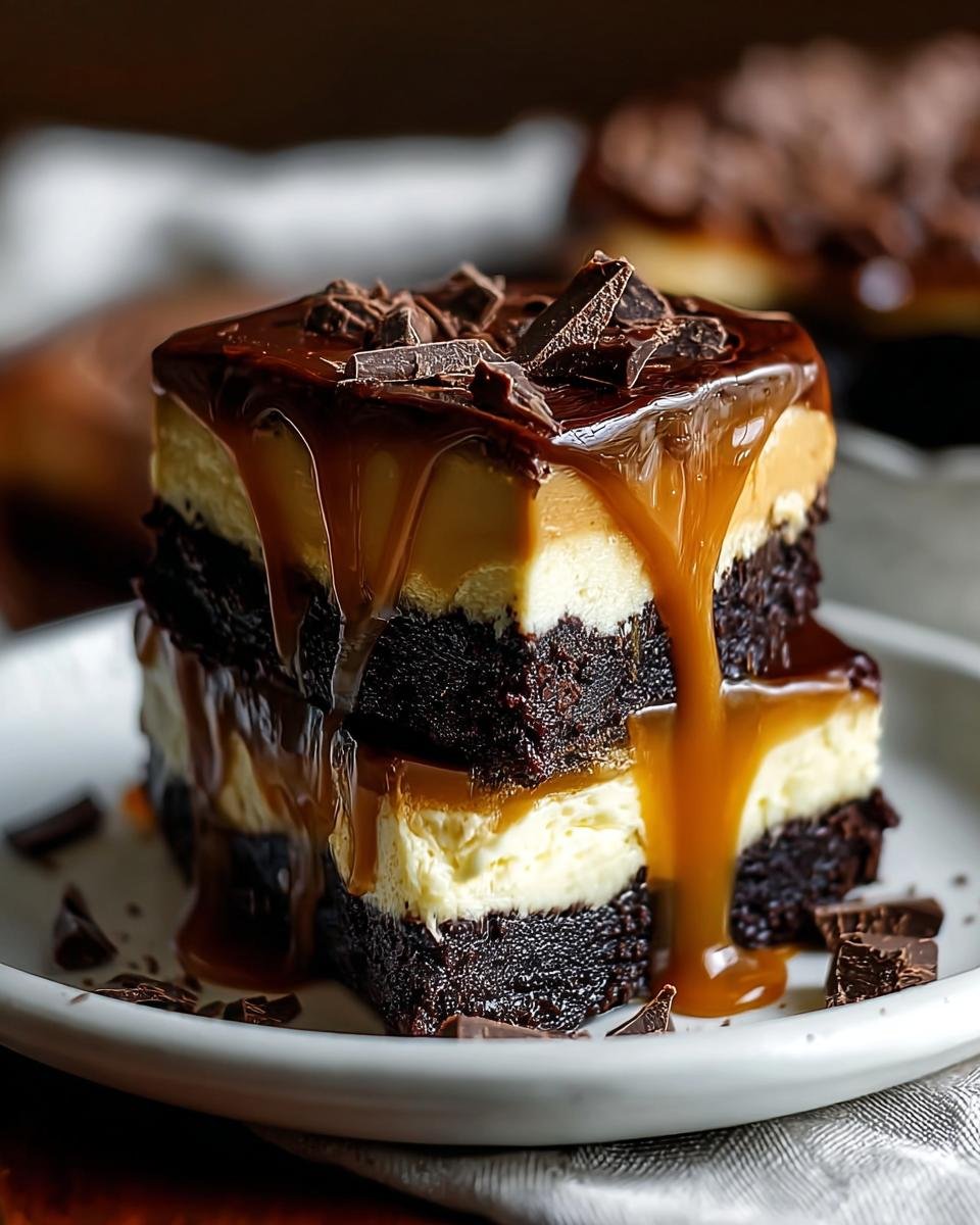 Gros plan d'un cheesecake brownie au caramel facile empilé, nappé de sauce caramel et garni de copeaux de chocolat.