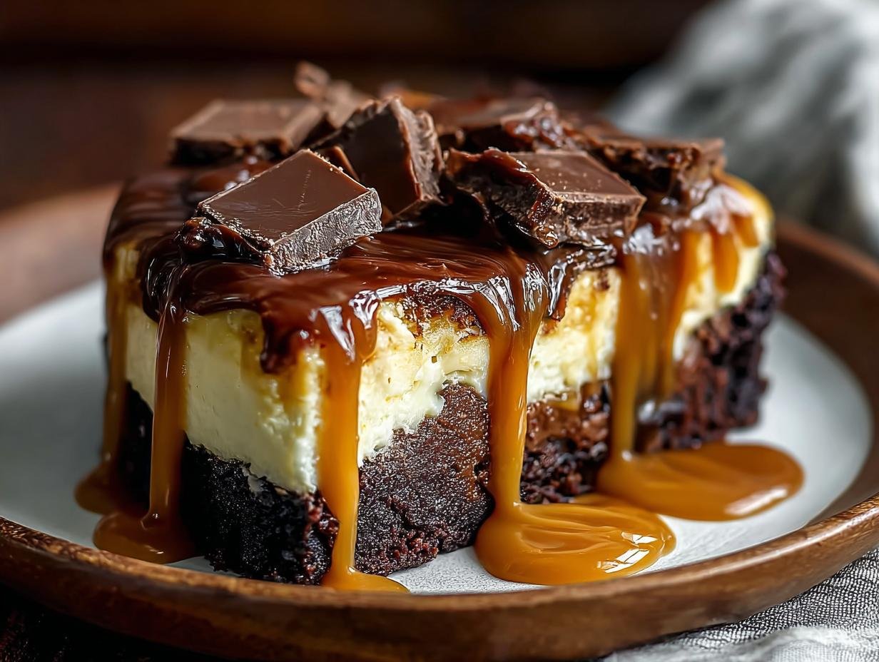 Gros plan d'une tranche de Cheesecake Brownie au Caramel Facile, dégoulinant de sauce caramel et garni de morceaux de chocolat.