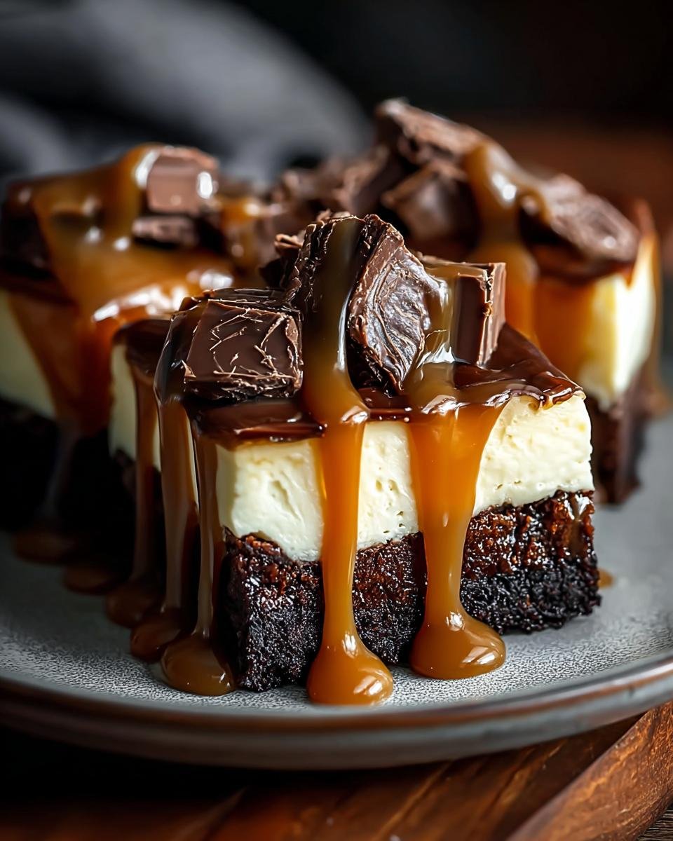 Gros plan sur une tranche de Cheesecake Brownie au Caramel Facile, nappée de sauce caramel et garnie de morceaux de chocolat.